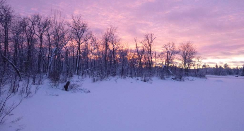 The sky appears in shades of pink and purple above a snowy landscape 